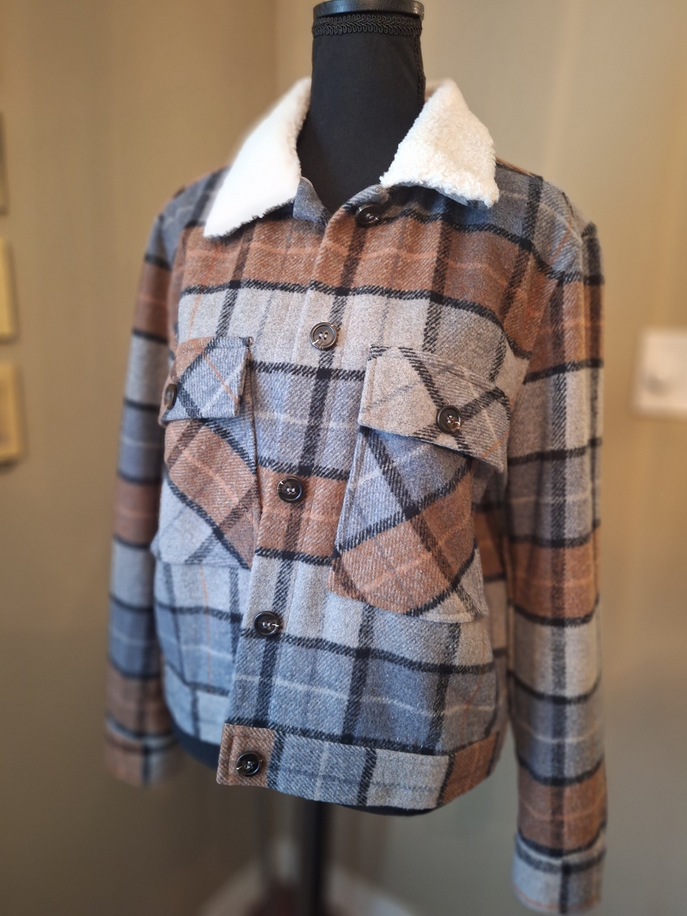 THML Brown & Gray Plaid Sherpa Collar Flannel Jacket Oversized Small